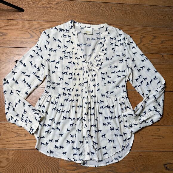 Maeve Equestrian Horse Print Blouse Pintuck SZ 10 V Neck Western Rodeo Ranch - Picture 1 of 8